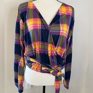 paper tee Plaid Wrap Crop Top in Navy, Yellow, Pink & Olive